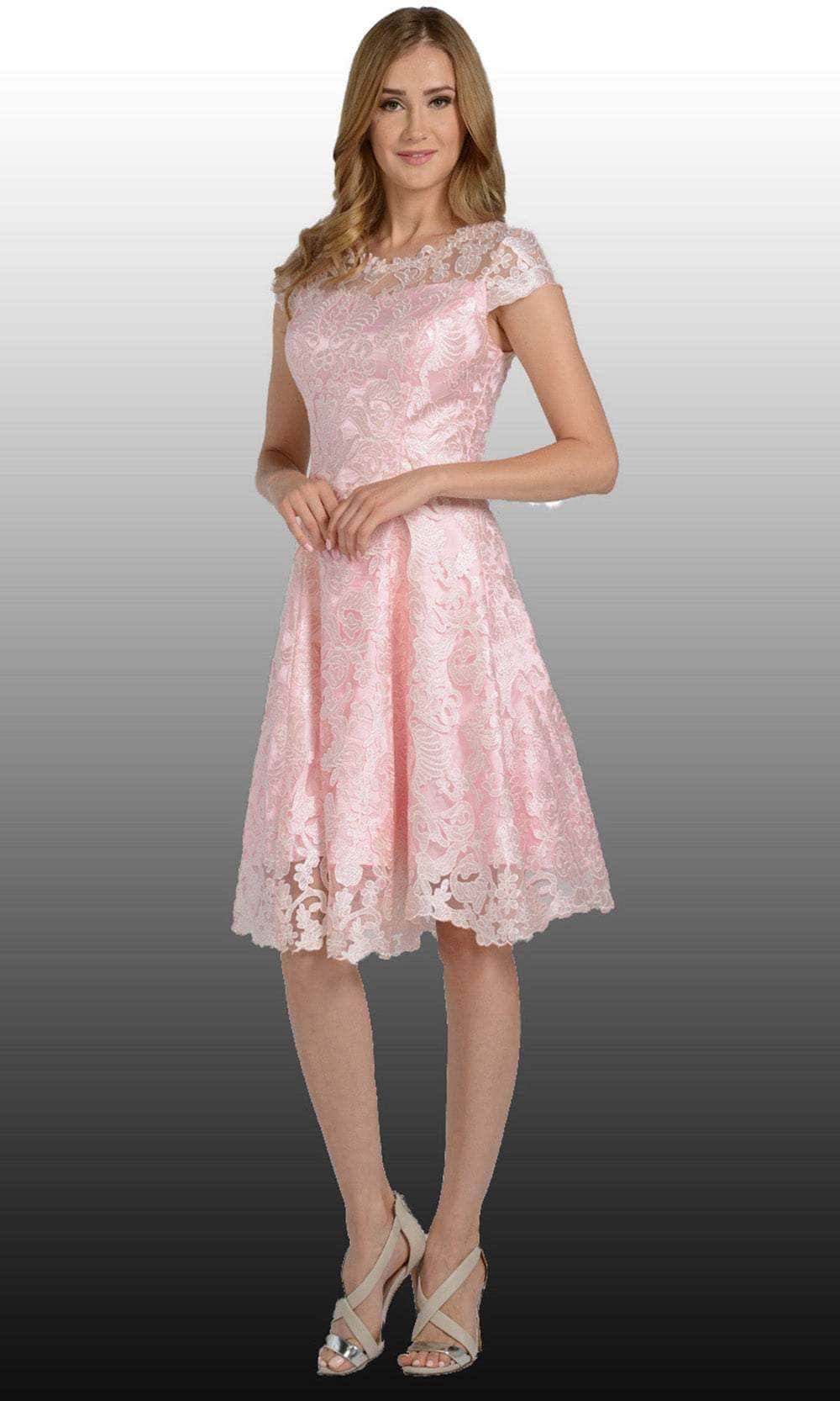 Poly USA 8090 - Scoop Neck Lace Applique Cocktail Dress Special Occasion Dress XS / Blush