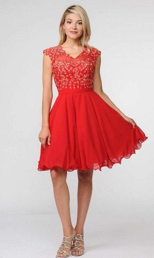 Poly USA 8094 - Embroidered Scoop Neck Cocktail Dress Prom Dresses XS / Red