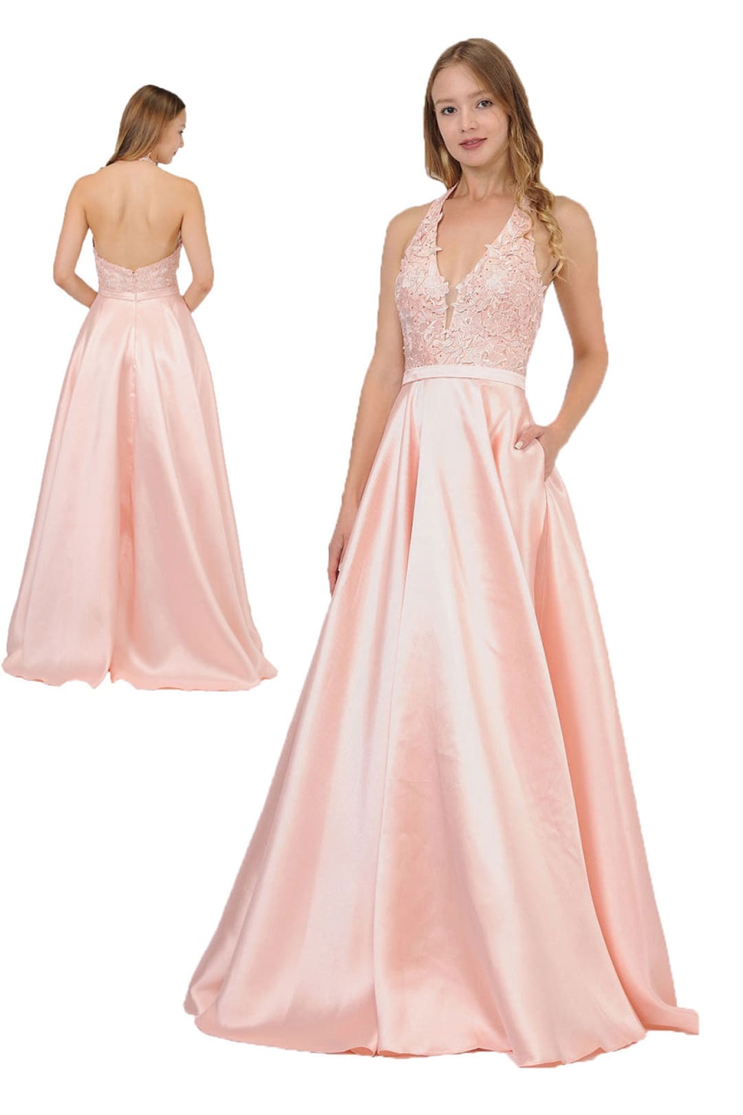POLY USA 8316 Floral Lace Halter Prom Mikado A-line Evening Gown - BLUSH / XS Dress
