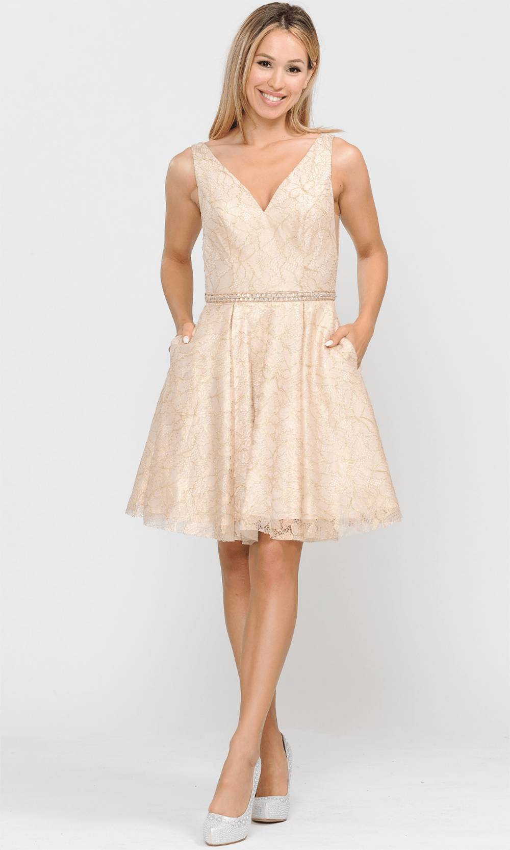 Poly USA 8504 - Glitter V-Neck Cocktail Dress Cocktail Dresses XS / Magenta/Blush