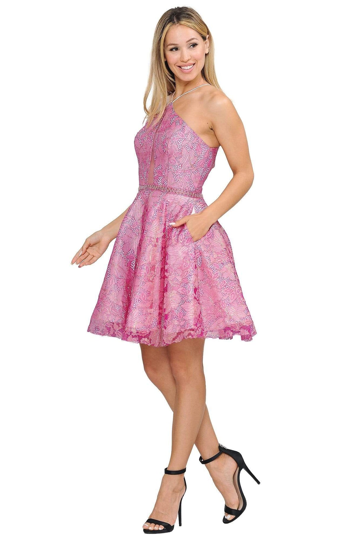 Poly USA - 8506 Halter Neck A-line Cocktail Dress Homecoming Dresses XS / Magenta/Blush