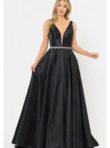 Poly USA 8682 A-Line Mikado V-Neck Red Carpet Formal Long Dress