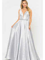 Poly USA 8682 A-Line Mikado V-Neck Red Carpet Formal Long Dress