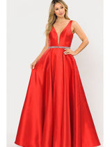 Poly USA 8682 A-Line Mikado V-Neck Red Carpet Formal Long Dress
