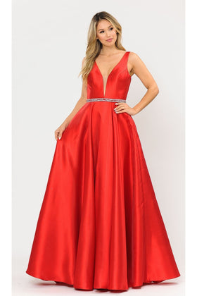 Poly USA 8682 A-Line Mikado V-Neck Red Carpet Formal Long Dress