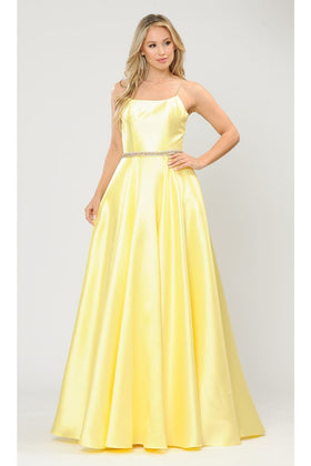 Poly USA 8684Y Exposed Strappy Back Long A-line Yellow Prom Dress