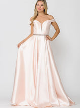 POLY USA 8686 Off Shoulder Simple Mikado Prom Formal Bridesmaids Gown