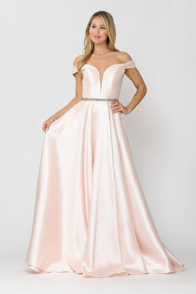 POLY USA 8686 Off Shoulder Simple Mikado Prom Formal Bridesmaids Gown
