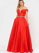 POLY USA 8686 Off Shoulder Simple Mikado Prom Formal Bridesmaids Gown