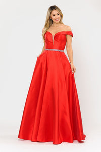 Off The Soulder Prom Formal Gown - RED / XS