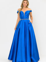 POLY USA 8686 Off Shoulder Simple Mikado Prom Formal Bridesmaids Gown