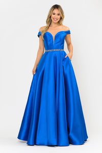 Off The Soulder Prom Formal Gown - ROYAL BLUE / XS