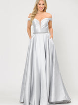 POLY USA 8686 Off Shoulder Simple Mikado Prom Formal Bridesmaids Gown