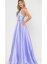 POLY USA 8690 A-Line Special Occasion V-Neck Formal Long Mikado Dress