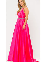 POLY USA 8690 A-Line Special Occasion V-Neck Formal Long Mikado Dress