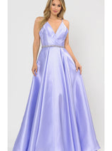 POLY USA 8690 A-Line Special Occasion V-Neck Formal Long Mikado Dress