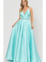 POLY USA 8690 A-Line Special Occasion V-Neck Formal Long Mikado Dress