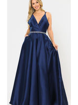 POLY USA 8690 A-Line Special Occasion V-Neck Formal Long Mikado Dress