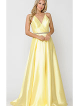 POLY USA 8690 A-Line Special Occasion V-Neck Formal Long Mikado Dress