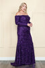 POLY USA 8876 Long Sleeve Sequin Off Shoulder Dress For Holiday Party - PURPLE / XS