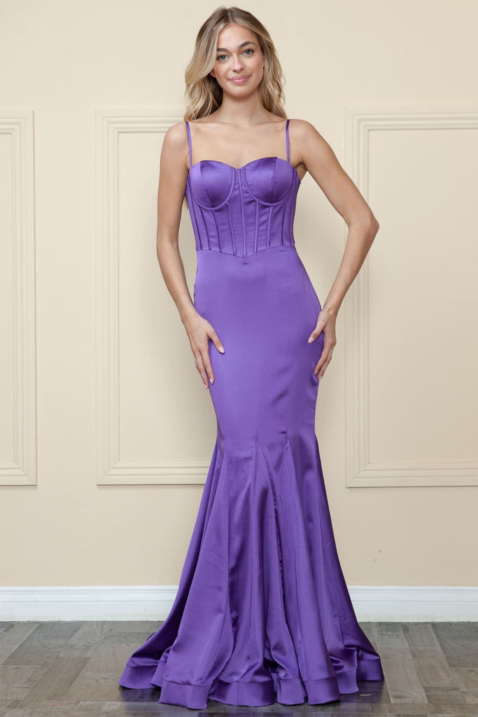 POLY 9008 Boned Bodice Mermaid Dress - PURPLE / XS