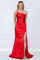 POLY 9030 One Shulder Charmeuse Dress - RED / XS