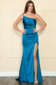 POLY 9030 One Shulder Charmeuse Dress - TEAL / XS
