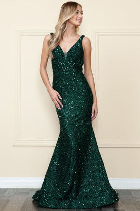 Poly USA 9108 Sleeveless Long Red Carpet Sequined Formal Prom Dress