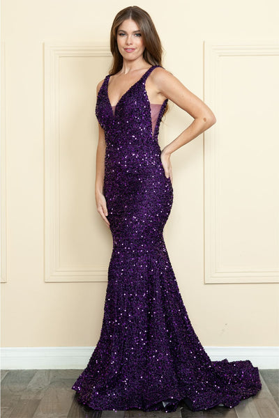 Poly USA 9108 Sleeveless Long Red Carpet Sequined Formal Prom Dress - PURPLE / XS