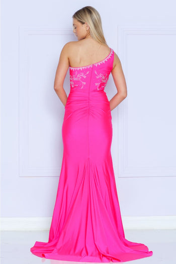 Poly USA 9136 One Shoulder Rhinestone Beaded Ruched Fitted Long Gown - Dress