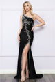 Poly USA 9136 One Shoulder Rhinestone Beaded Ruched Fitted Long Gown - Dress