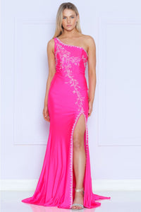 Poly USA 9136 One Shoulder Rhinestone Beaded Ruched Fitted Long Gown - Dress