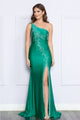 Poly USA 9136 One Shoulder Rhinestone Beaded Ruched Fitted Long Gown - Dress
