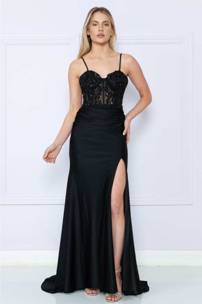 Vestido de fiesta con tirantes finos, corsé y bordado transparente de Poly USA 9138 NEGRO XS