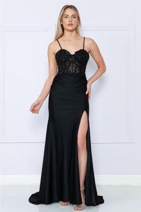 Poly USA 9138 Spaghetti Strap Corset Sheer Embroidered Prom Dress