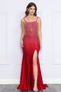 Poly USA 9140 Iridescent Rhinestone Lace - Up Corset Back Gown - RED / XS Dress