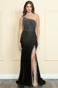 Poly USA 9146 One - Shoulder Asymmetrical Rhinestone Long Evening Dress - BLACK / XS - Dress