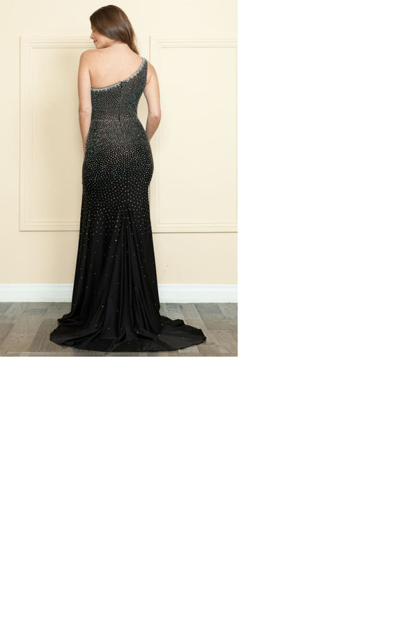 Poly USA 9146 One - Shoulder Asymmetrical Rhinestone Long Evening Dress - Dress