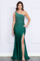 Poly USA 9146 One - Shoulder Asymmetrical Rhinestone Long Evening Dress - EMERALD / XS - Dress