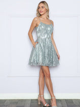 Poly USA 9196 Metallic Glitter Spaghetti Straps Short Homecoming Dress
