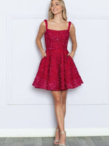 Poly USA 9214 Cute Short Fit & Flare Sequined Cocktail Prom Dress