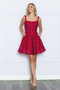 Poly USA 9214 Sequined Cocktail Dress - RED BERRY / XS