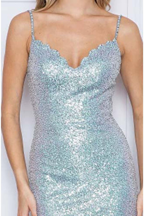 Poly USA 9230 V-Neck Sequin Iridescent Dress With Spaghetti Straps - Dress