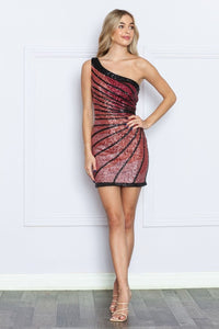 Poly USA 9232 One Shoulder Multi color Sequin Short Cocktail Dress - RED/BLACK / XS - Dress