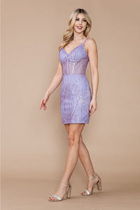 Poly USA 9236 Glitter Sequined Short Fitted Sheer Boned Corset Dress - LAVENDER / XS