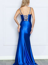 Poly USA 9250 Simple Lace up Back Long Satin Bridesmaids Dress