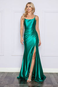 Poly USA 9250 Simple Lace up Back Long Satin Bridesmaids Dress - EMERALD GREEN / XS - Dress