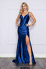 Poly USA 9252 V-neck Stain Spaghetti Straps Corset Evening Formal Gown - NAVY BLUE / XS - Dress