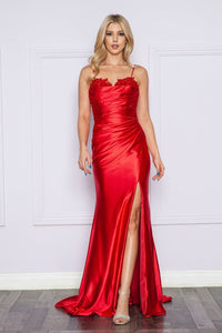 Poly USA 9254 Pleated Bodice Spaghetti Straps Stretchy Prom Gown - Dress