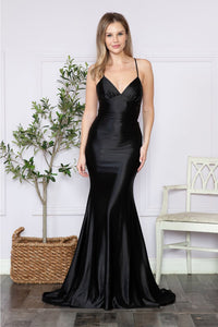 Poly USA 9256 V - neck Cut Out Back Satin Stretchy Evening Formal Gown - BLACK / S Dress